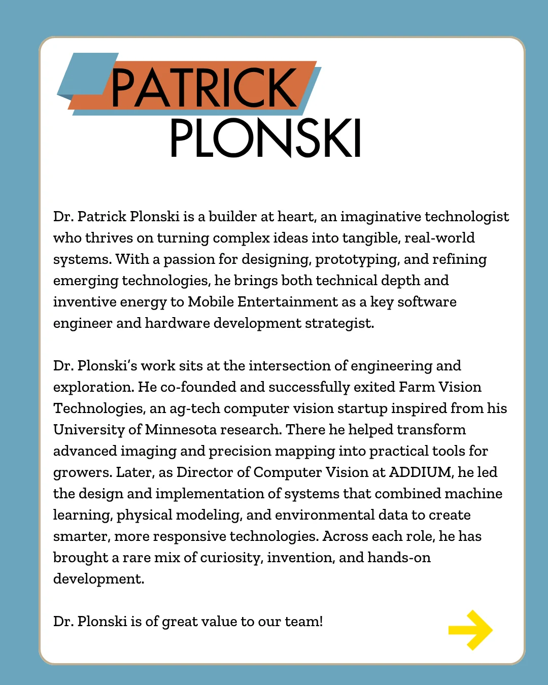 Patrick Plonski — original biography slide